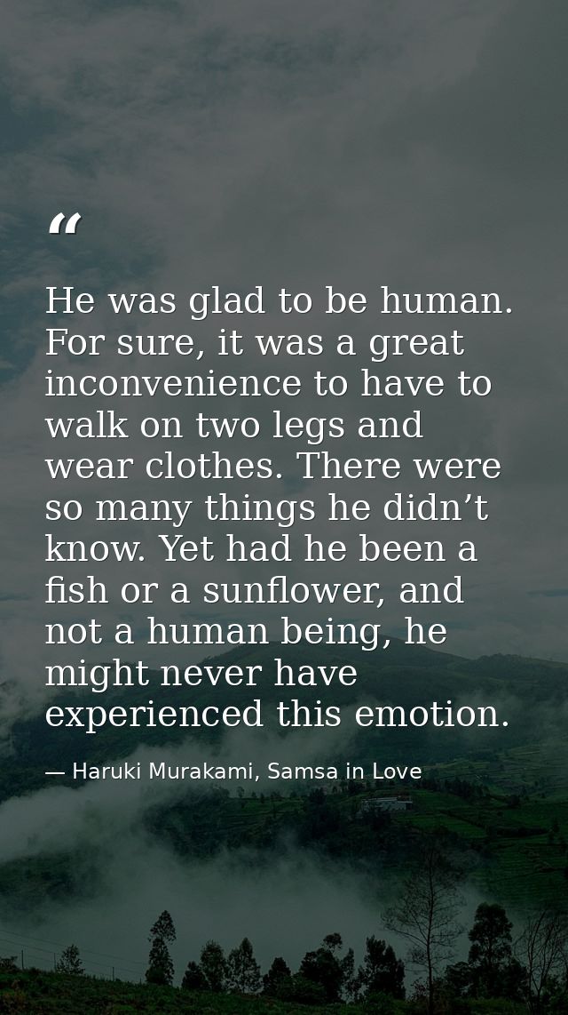 He was glad to be human. For sure, it was a great inconvenience to have to walk on two legs and wear clothes. There were — Haruki Murakami, Samsa in Love