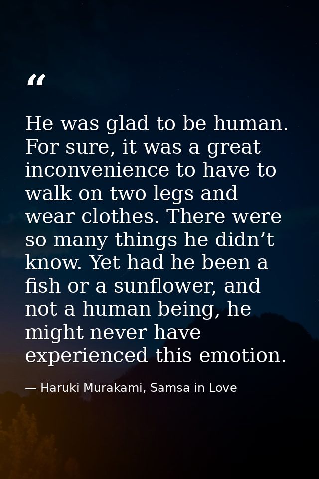 He was glad to be human. For sure, it was a great inconvenience to have to walk on two legs and wear clothes. There were — Haruki Murakami, Samsa in Love