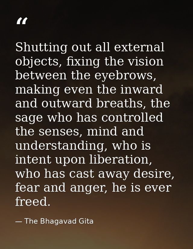 Shutting out all external objects, fixing the vision between the eyebrows, making even the inward and outward breaths, t — The Bhagavad Gita