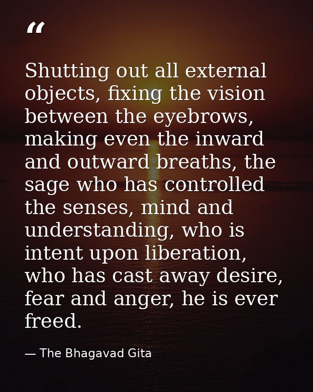 Shutting out all external objects, fixing the vision between the eyebrows, making even the inward and outward breaths, t — The Bhagavad Gita