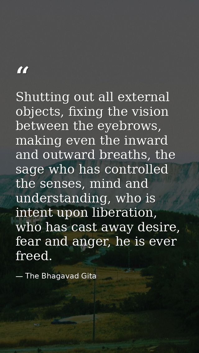 Shutting out all external objects, fixing the vision between the eyebrows, making even the inward and outward breaths, t — The Bhagavad Gita