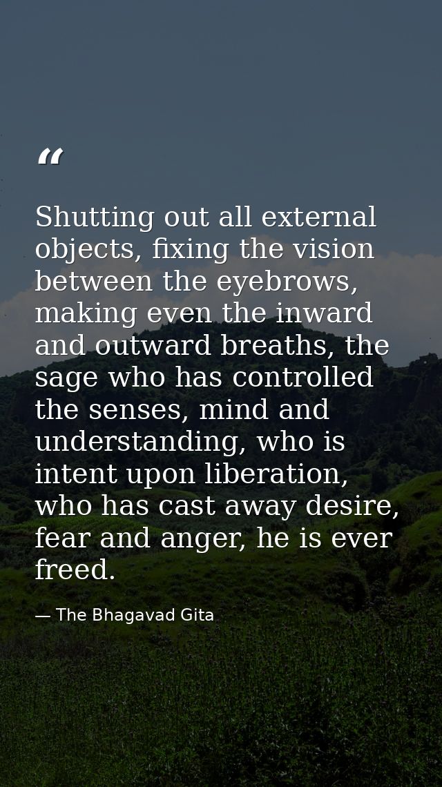 Shutting out all external objects, fixing the vision between the eyebrows, making even the inward and outward breaths, t — The Bhagavad Gita