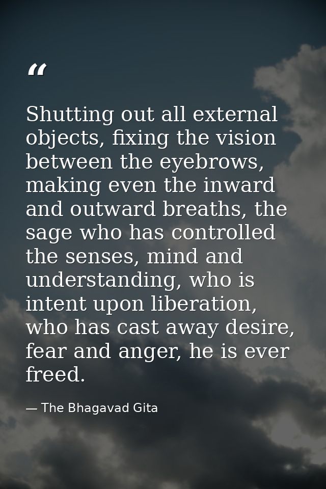 Shutting out all external objects, fixing the vision between the eyebrows, making even the inward and outward breaths, t — The Bhagavad Gita