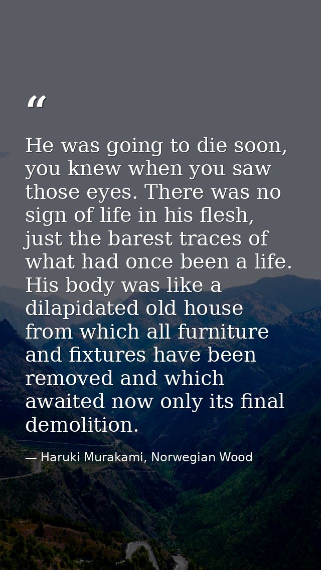 He was going to die soon, you knew when you saw those eyes. There was no sign of life in his flesh, just the barest trac — Haruki Murakami, Norwegian Wood