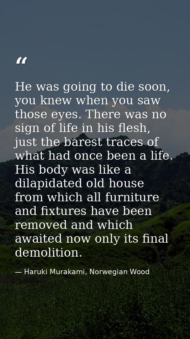 He was going to die soon, you knew when you saw those eyes. There was no sign of life in his flesh, just the barest trac — Haruki Murakami, Norwegian Wood