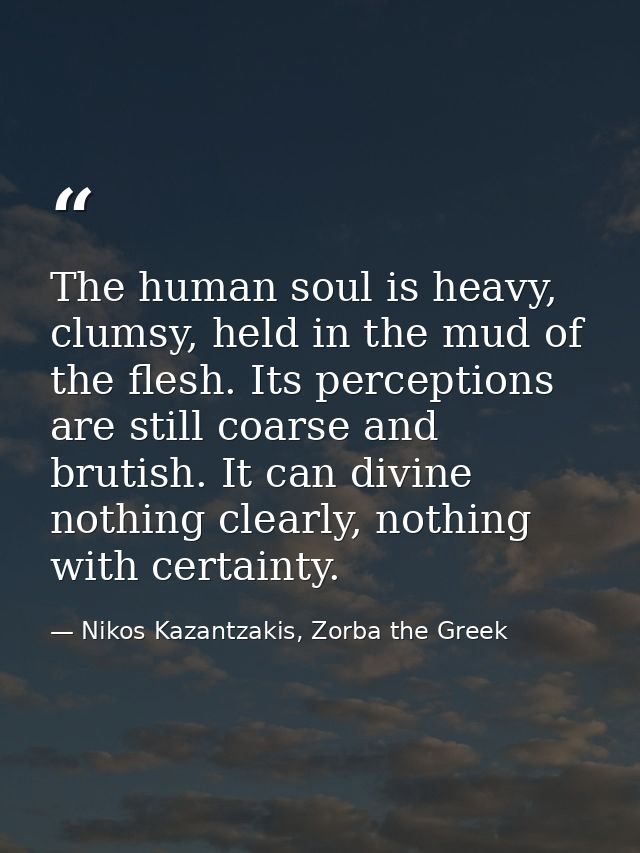 The human soul is heavy, clumsy, held in the mud of the flesh. Its perceptions are still coarse and brutish. It can divi — Nikos Kazantzakis, Zorba the Greek