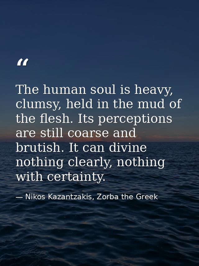 The human soul is heavy, clumsy, held in the mud of the flesh. Its perceptions are still coarse and brutish. It can divi — Nikos Kazantzakis, Zorba the Greek