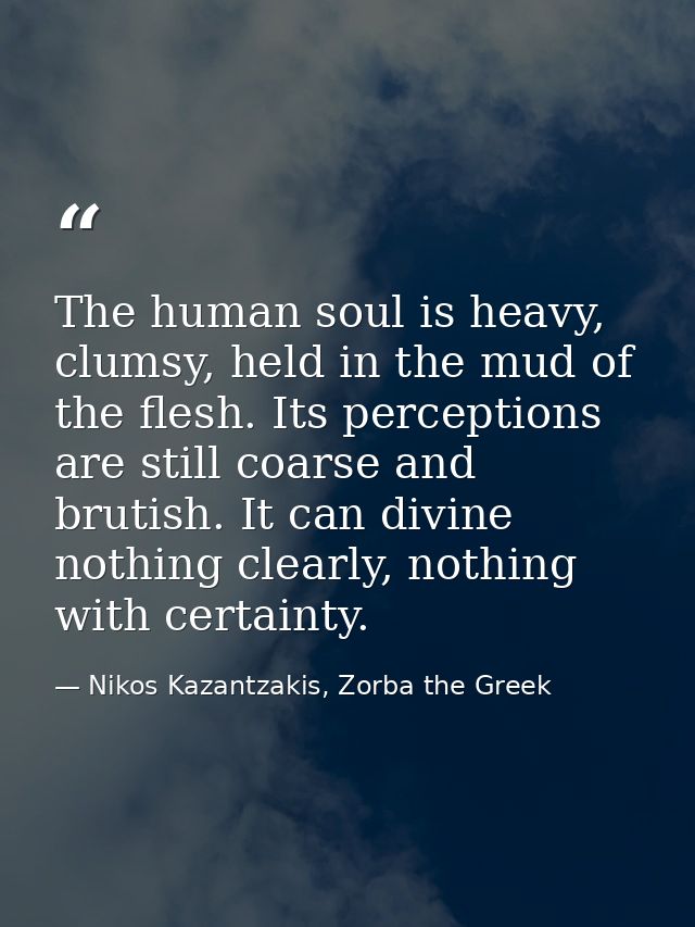 The human soul is heavy, clumsy, held in the mud of the flesh. Its perceptions are still coarse and brutish. It can divi — Nikos Kazantzakis, Zorba the Greek