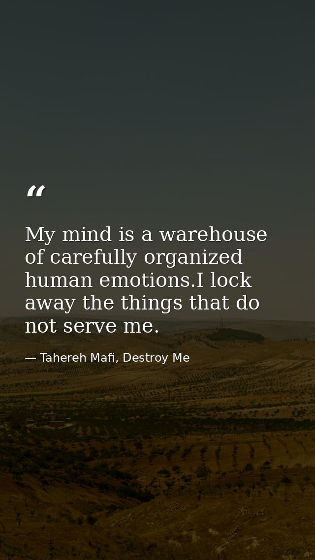 My mind is a warehouse of carefully organized human emotions.I lock away the things that do not serve me. — Tahereh Mafi, Destroy Me