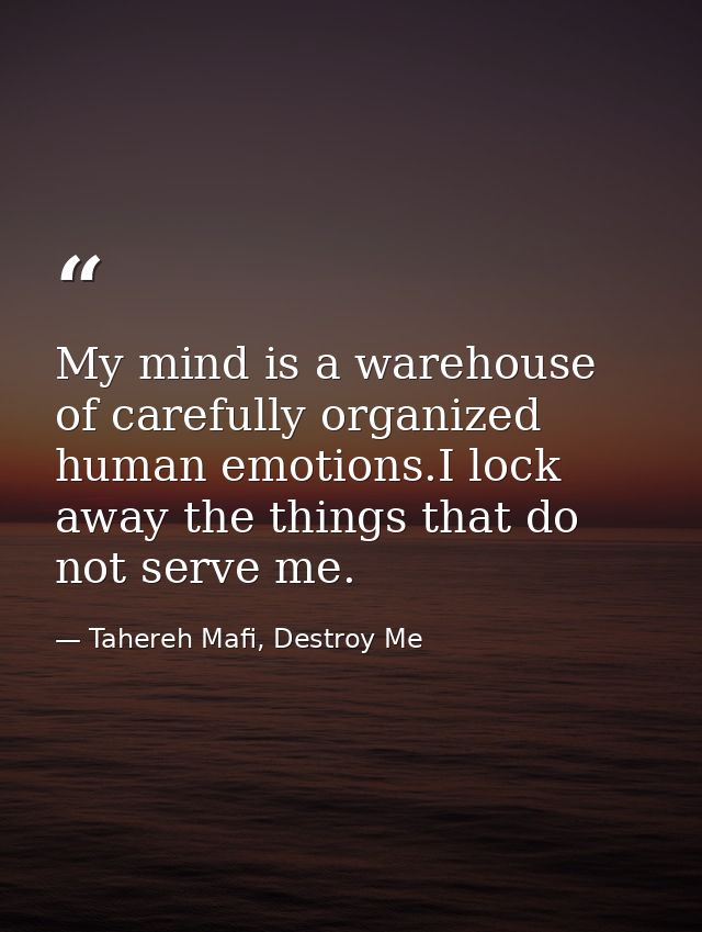 My mind is a warehouse of carefully organized human emotions.I lock away the things that do not serve me. — Tahereh Mafi, Destroy Me