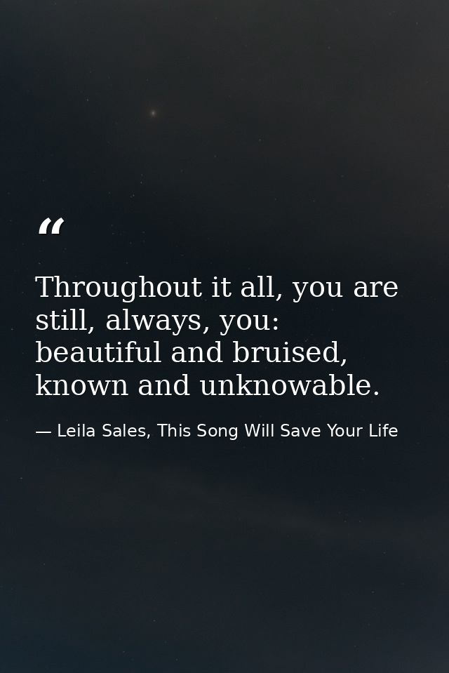 Throughout it all, you are still, always, you: beautiful and bruised, known and unknowable. — Leila Sales, This Song Will Save Your Life