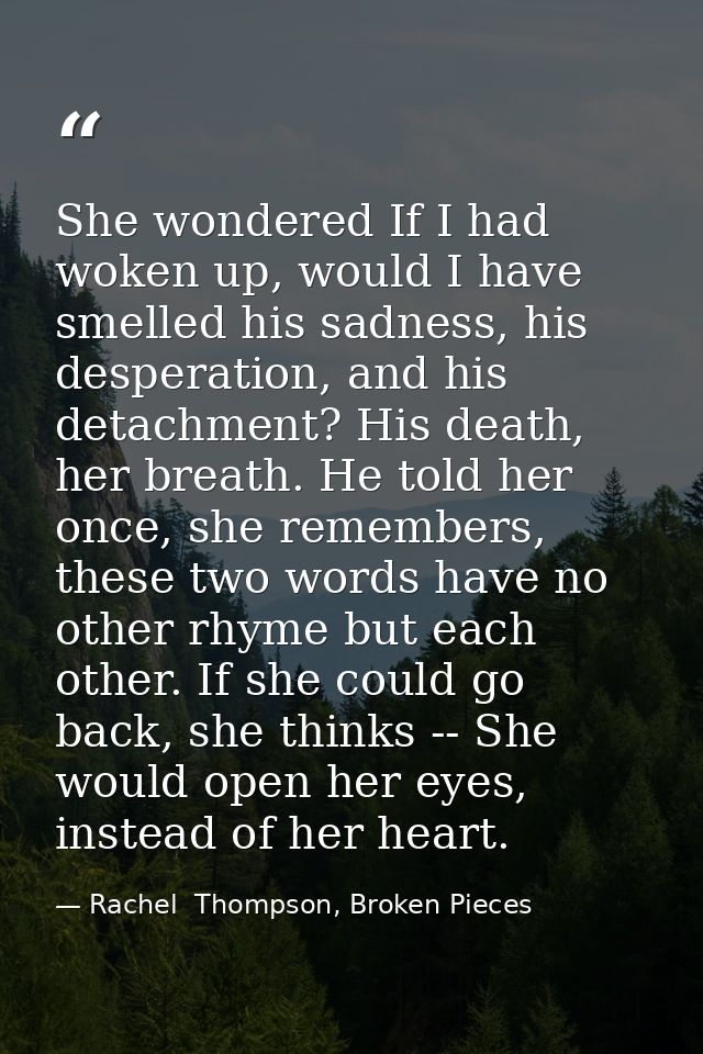 She wondered If I had woken up, would I have smelled his sadness, his desperation, and his detachment? His death, her br — Rachel  Thompson, Broken Pieces