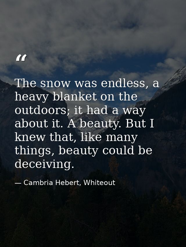 The snow was endless, a heavy blanket on the outdoors; it had a way about it. A beauty. But I knew that, like many thing — Cambria Hebert, Whiteout