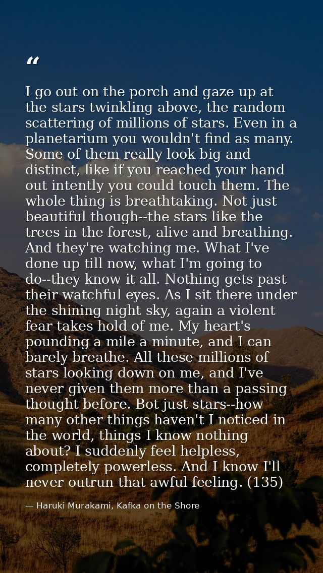 I go out on the porch and gaze up at the stars twinkling above, the random scattering of millions of stars. Even in a pl — Haruki Murakami, Kafka on the Shore