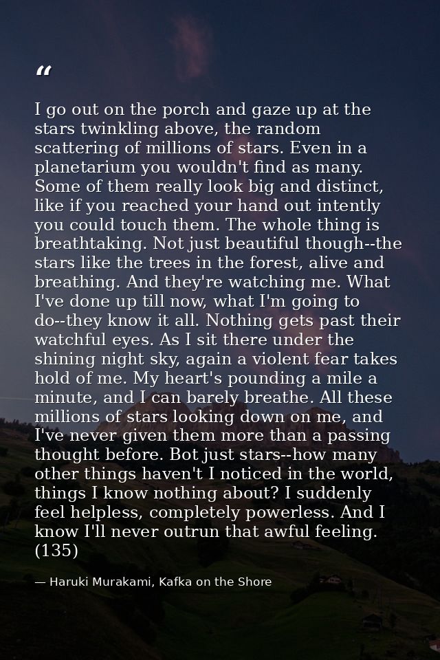 I go out on the porch and gaze up at the stars twinkling above, the random scattering of millions of stars. Even in a pl — Haruki Murakami, Kafka on the Shore