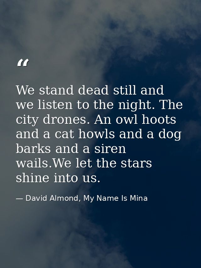 We stand dead still and we listen to the night. The city drones. An owl hoots and a cat howls and a dog barks and a sire — David Almond, My Name Is Mina