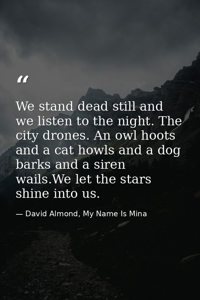 We stand dead still and we listen to the night. The city drones. An owl hoots and a cat howls and a dog barks and a sire — David Almond, My Name Is Mina