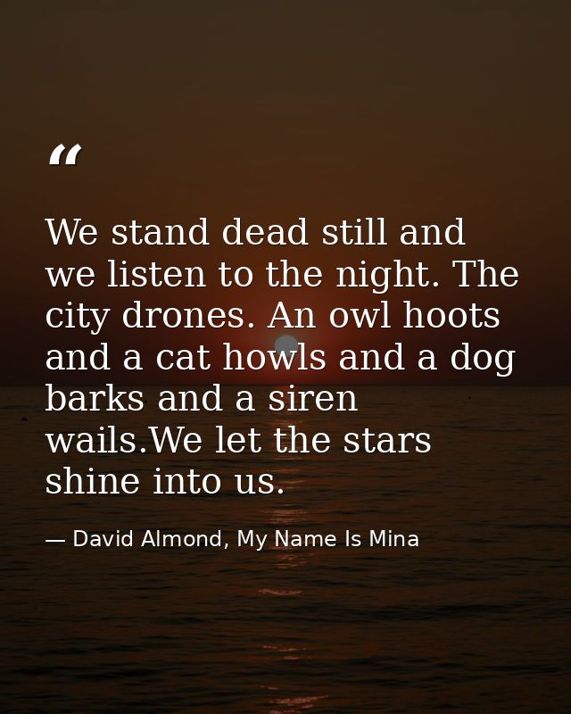 We stand dead still and we listen to the night. The city drones. An owl hoots and a cat howls and a dog barks and a sire — David Almond, My Name Is Mina