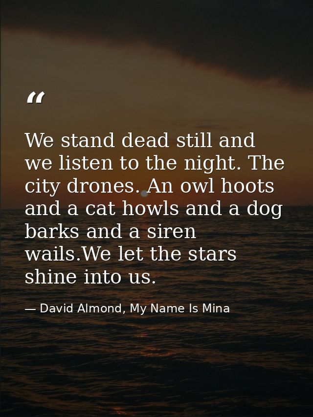 We stand dead still and we listen to the night. The city drones. An owl hoots and a cat howls and a dog barks and a sire — David Almond, My Name Is Mina