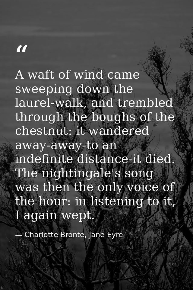 A waft of wind came sweeping down the laurel-walk, and trembled through the boughs of the chestnut: it wandered away-awa — Charlotte Brontë, Jane Eyre
