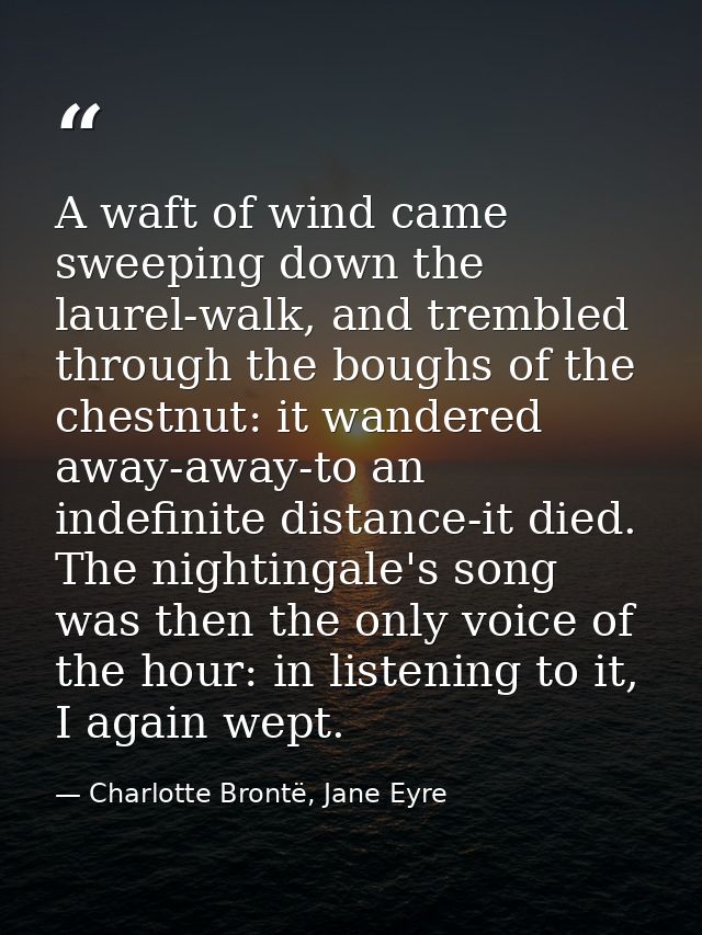 A waft of wind came sweeping down the laurel-walk, and trembled through the boughs of the chestnut: it wandered away-awa — Charlotte Brontë, Jane Eyre