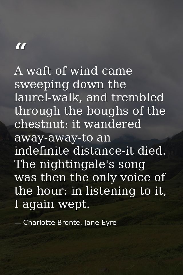 A waft of wind came sweeping down the laurel-walk, and trembled through the boughs of the chestnut: it wandered away-awa — Charlotte Brontë, Jane Eyre