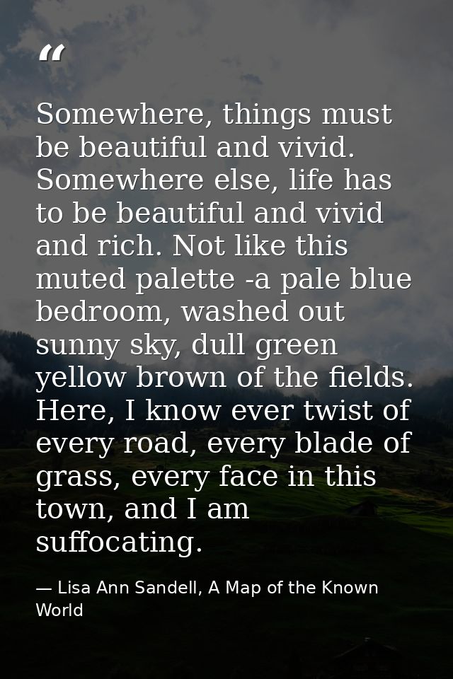 Somewhere, things must be beautiful and vivid. Somewhere else, life has to be beautiful and vivid and rich. Not like thi — Lisa Ann Sandell, A Map of the Known World