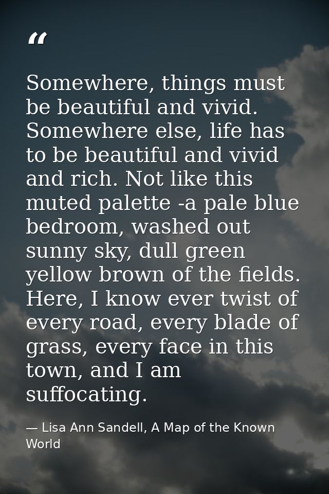 Somewhere, things must be beautiful and vivid. Somewhere else, life has to be beautiful and vivid and rich. Not like thi — Lisa Ann Sandell, A Map of the Known World