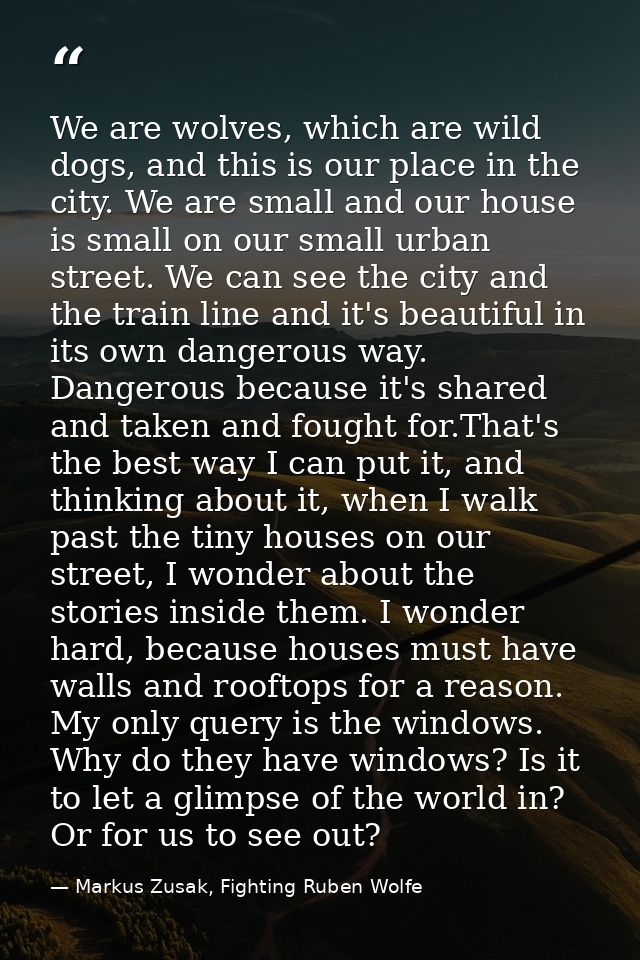 We are wolves, which are wild dogs, and this is our place in the city. We are small and our house is small on our small  — Markus Zusak, Fighting Ruben Wolfe