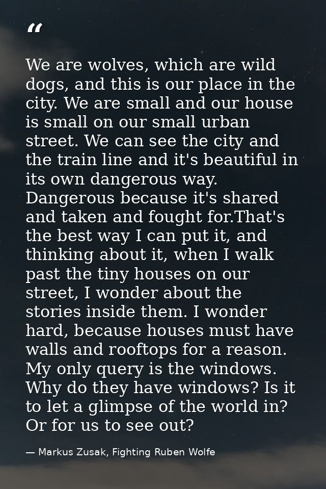 We are wolves, which are wild dogs, and this is our place in the city. We are small and our house is small on our small  — Markus Zusak, Fighting Ruben Wolfe