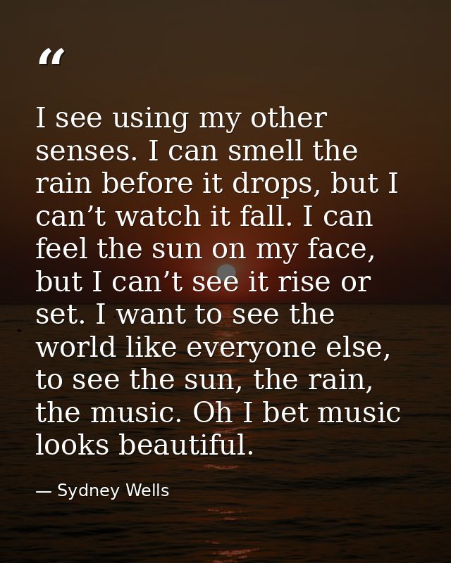 I see using my other senses. I can smell the rain before it drops, but I can’t watch it fall. I can feel the sun on my f — Sydney Wells
