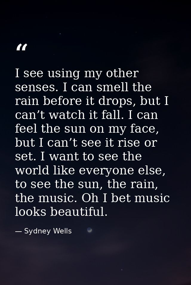 I see using my other senses. I can smell the rain before it drops, but I can’t watch it fall. I can feel the sun on my f — Sydney Wells