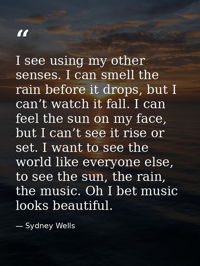 I see using my other senses. I can smell the rain before it drops, but I can’t watch it fall. I can feel the sun on my f — Sydney Wells
