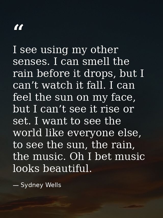 I see using my other senses. I can smell the rain before it drops, but I can’t watch it fall. I can feel the sun on my f — Sydney Wells