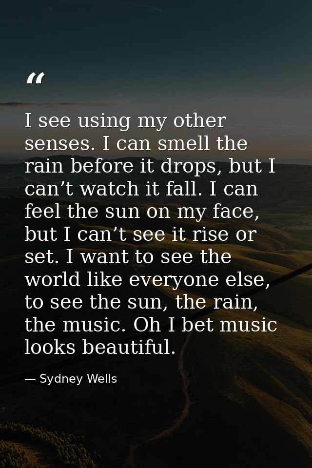 I see using my other senses. I can smell the rain before it drops, but I can’t watch it fall. I can feel the sun on my f — Sydney Wells