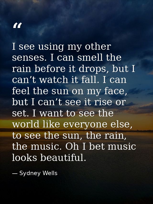 I see using my other senses. I can smell the rain before it drops, but I can’t watch it fall. I can feel the sun on my f — Sydney Wells
