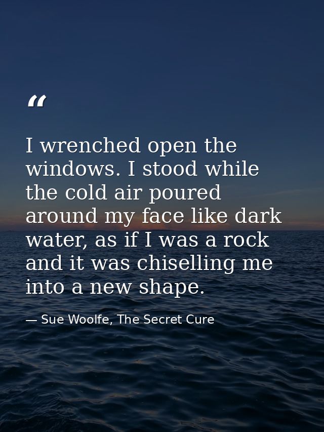 I wrenched open the windows. I stood while the cold air poured around my face like dark water, as if I was a rock and it — Sue Woolfe, The Secret Cure