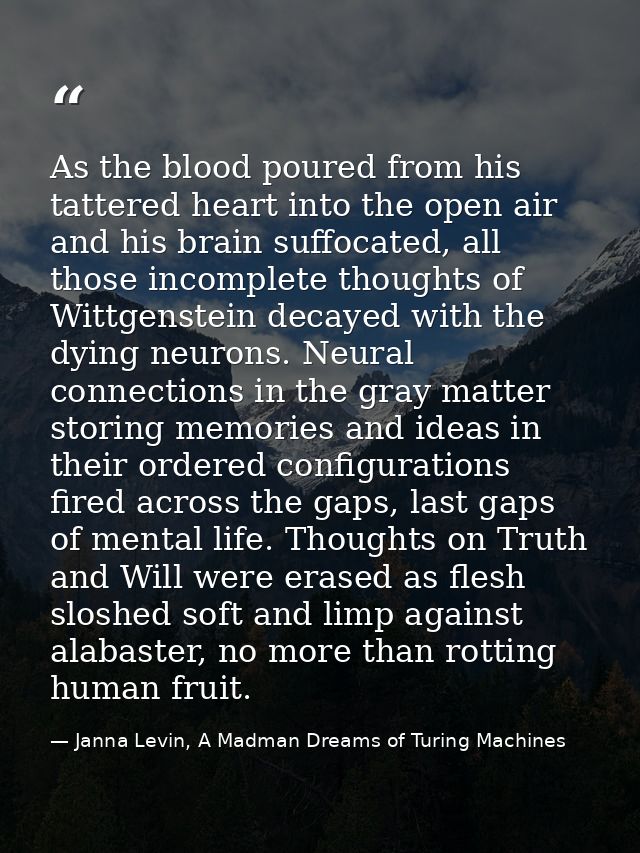As the blood poured from his tattered heart into the open air and his brain suffocated, all those incomplete thoughts of — Janna Levin, A Madman Dreams of Turing Machines