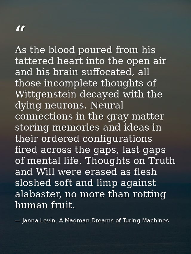 As the blood poured from his tattered heart into the open air and his brain suffocated, all those incomplete thoughts of — Janna Levin, A Madman Dreams of Turing Machines