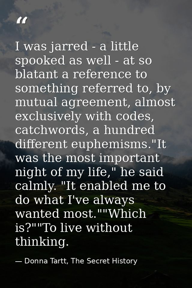 I was jarred - a little spooked as well - at so blatant a reference to something referred to, by mutual agreement, almos — Donna Tartt, The Secret History