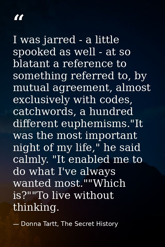 I was jarred - a little spooked as well - at so blatant a reference to something referred to, by mutual agreement, almos — Donna Tartt, The Secret History