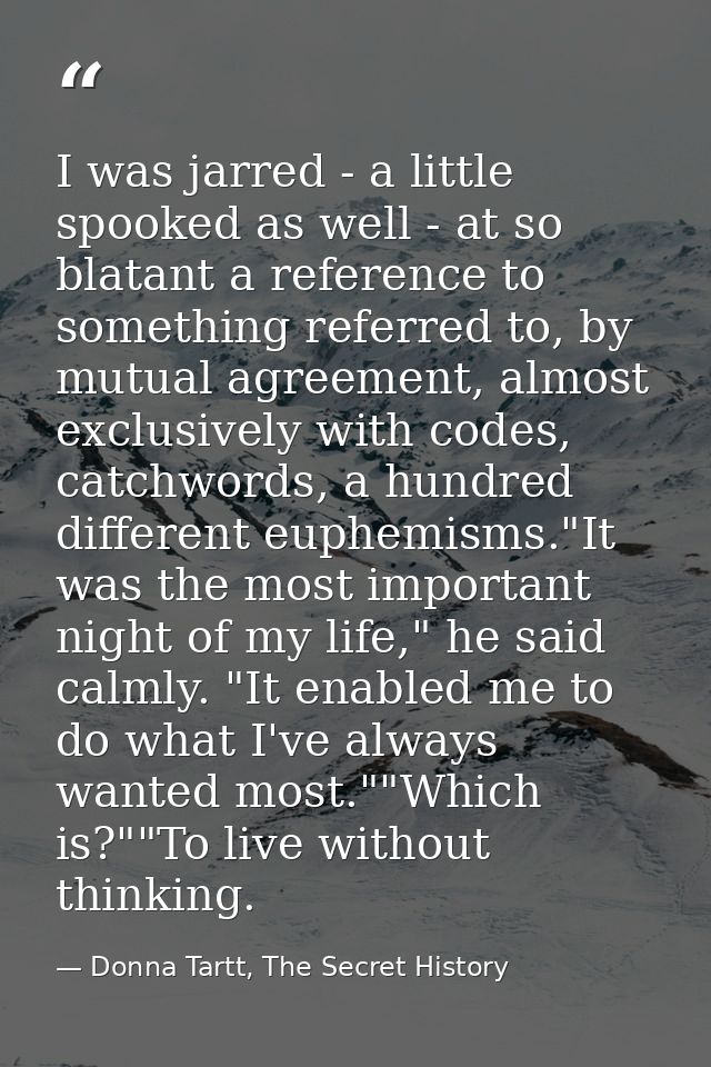 I was jarred - a little spooked as well - at so blatant a reference to something referred to, by mutual agreement, almos — Donna Tartt, The Secret History