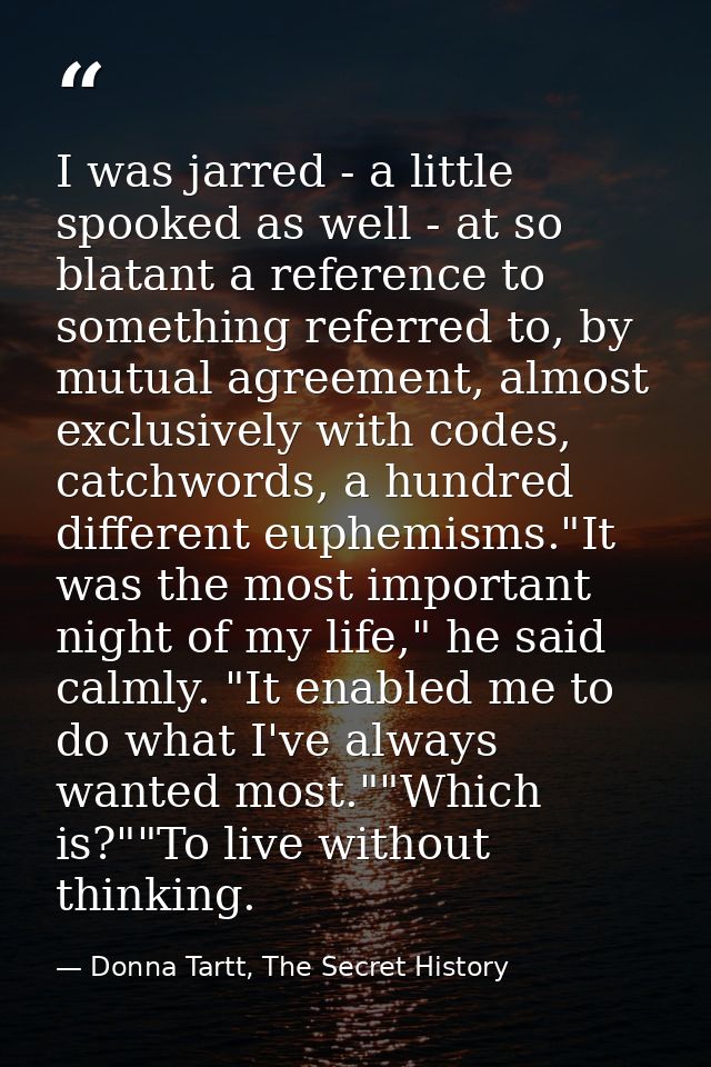 I was jarred - a little spooked as well - at so blatant a reference to something referred to, by mutual agreement, almos — Donna Tartt, The Secret History