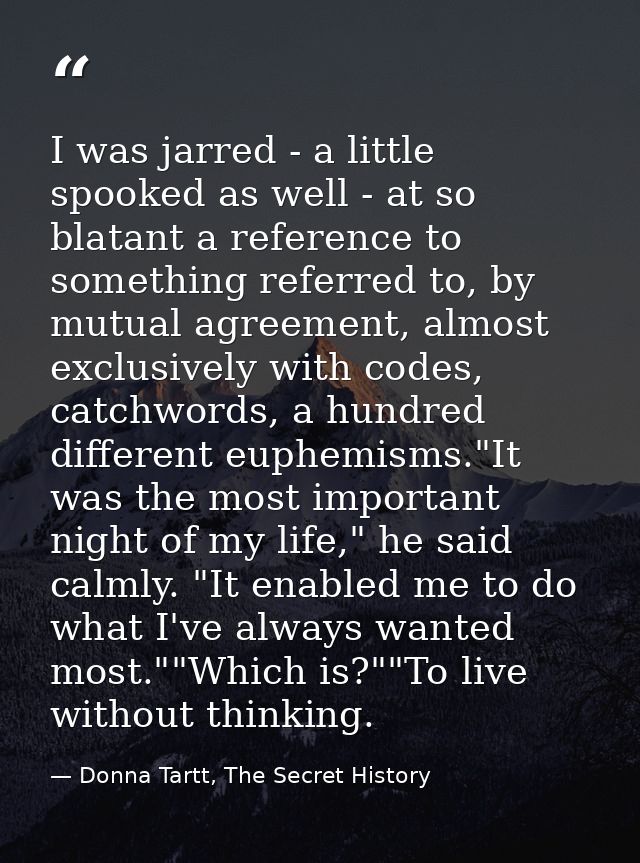 I was jarred - a little spooked as well - at so blatant a reference to something referred to, by mutual agreement, almos — Donna Tartt, The Secret History