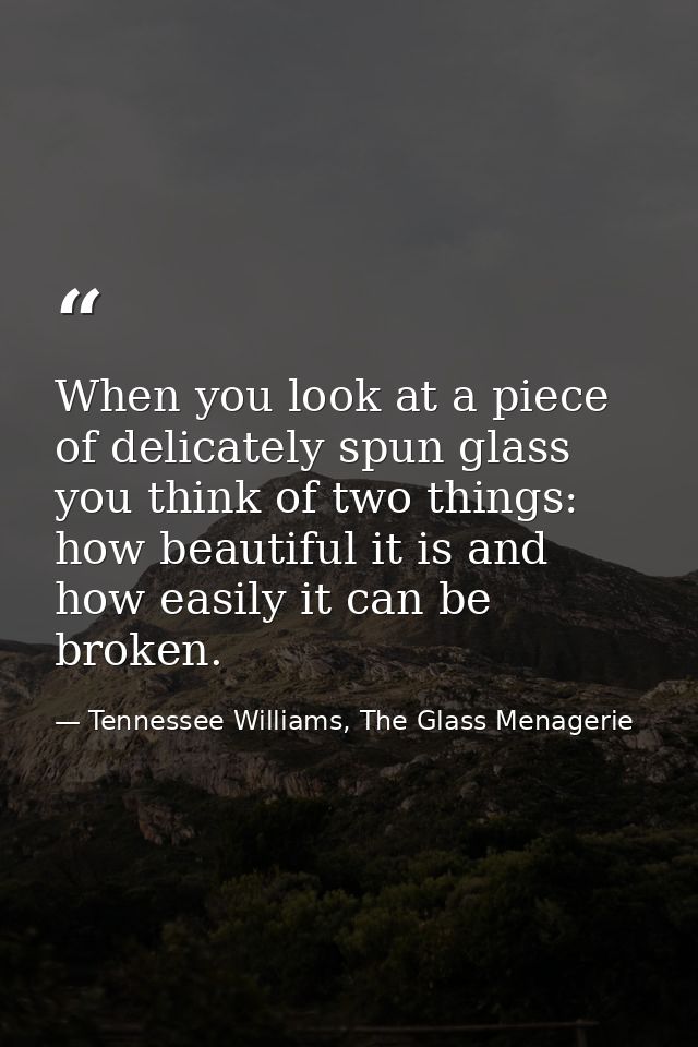 When you look at a piece of delicately spun glass you think of two things: how beautiful it is and how easily it can be  — Tennessee Williams, The Glass Menagerie