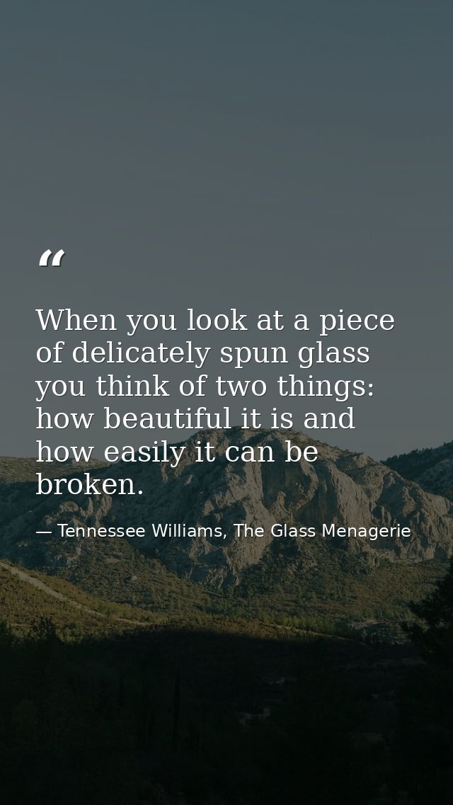 When you look at a piece of delicately spun glass you think of two things: how beautiful it is and how easily it can be  — Tennessee Williams, The Glass Menagerie