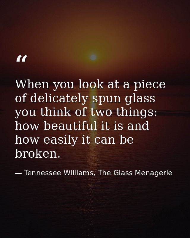 When you look at a piece of delicately spun glass you think of two things: how beautiful it is and how easily it can be  — Tennessee Williams, The Glass Menagerie