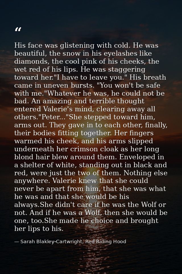 His face was glistening with cold. He was beautiful, the snow in his eyelashes like diamonds, the cool pink of his cheek — Sarah Blakley-Cartwright, Red Riding Hood