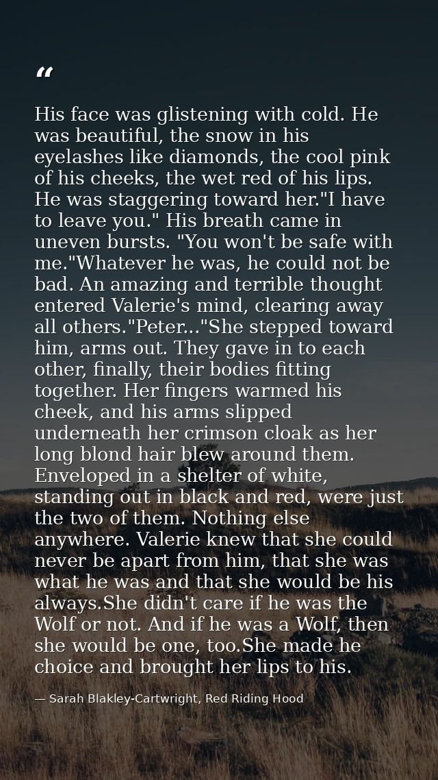His face was glistening with cold. He was beautiful, the snow in his eyelashes like diamonds, the cool pink of his cheek — Sarah Blakley-Cartwright, Red Riding Hood