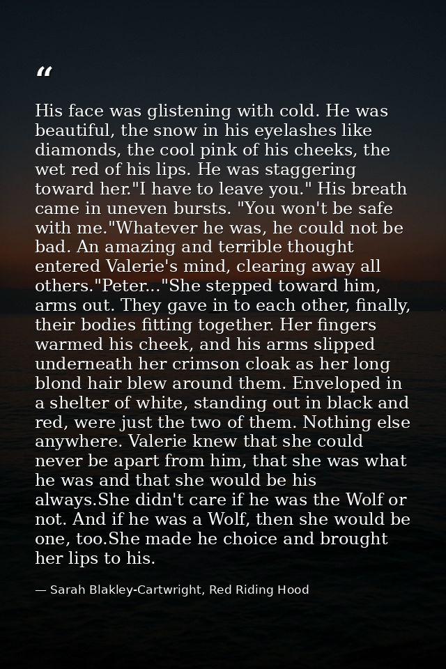 His face was glistening with cold. He was beautiful, the snow in his eyelashes like diamonds, the cool pink of his cheek — Sarah Blakley-Cartwright, Red Riding Hood